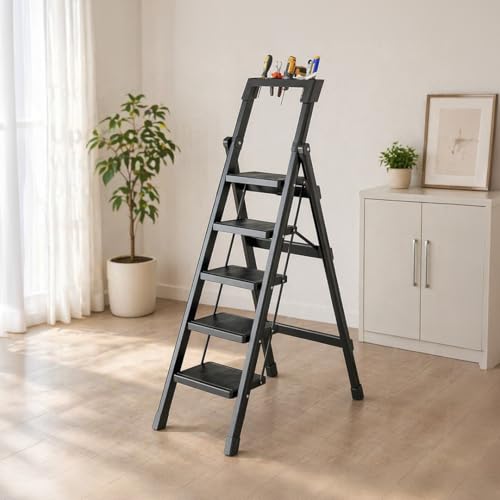 Image of HomeEssentials Foldable Ladder for Home | Heavy-Duty Steel with Large Platform | Wide Non-Slip Rubber Feet | Secure Lock Mechanism (5 Step)