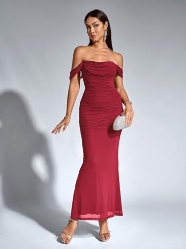 Image of KUTUMAI Off The Shoulder Maxi Long Dress Corset Ruched Bodycon Cocktail Formal Wedding Guest Dresses for Women