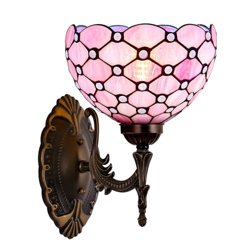 Image of Tiffany Wall Sconce Hand-Weld Stained Glass Bedside Lamp with Classic 8 Inches Lampshade for Bedroom Hallway Living Room Home Office (Pink)