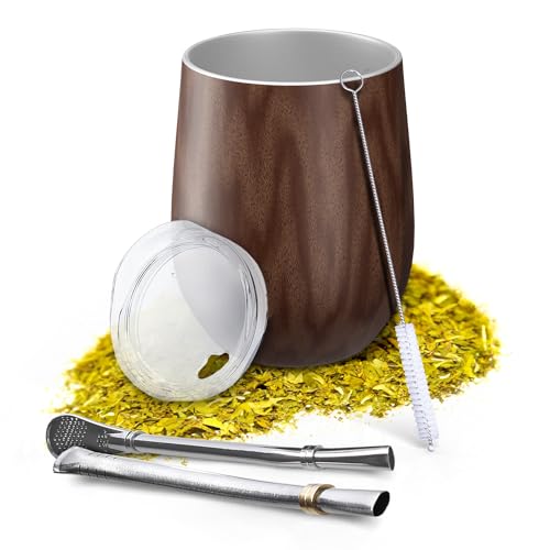 Aquafloow Taza de Doble Pared Yerba Mate 350 ml + 2 Pajitas de Acero Maté Bombilla, Set de Argentino Maté Yerba | Tapa Libre de BPA, Juego de Té de Acero Inoxidable para Yerba – Marrón