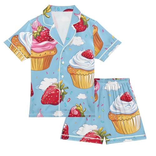 Satin Pajama Sets Short Sleeve Cupcakes with Strawberries and Sprinkles Button Down Silky Nightwear 2 Piece PJS 5-14Y