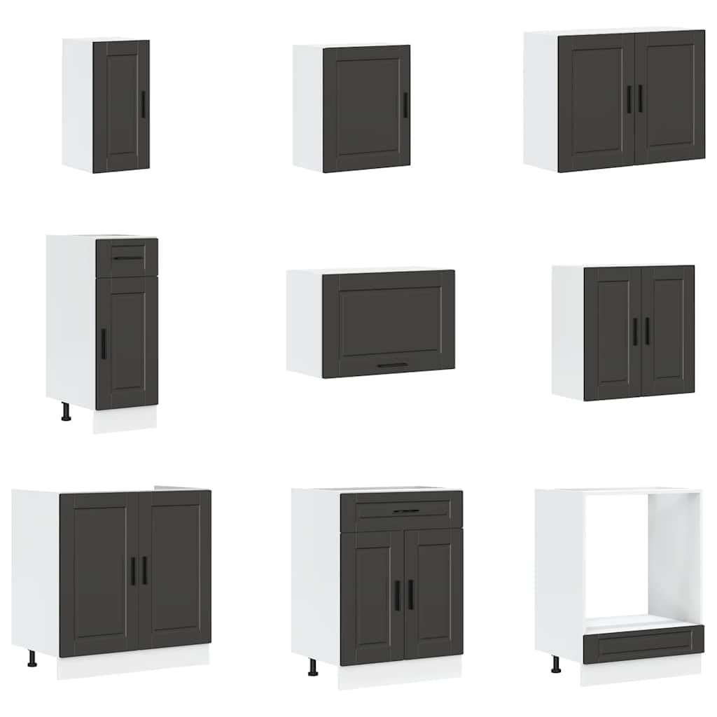 Set di 14 mobili da cucina Porto nero, materiale in legno, vetro, versatile, piedini regolabili, design moderno per sala da pranzo e cucina