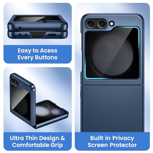 Image of Ruky for Z Flip 5 Case with Privacy Screen Protector, Full Body Cover Anti-Scratches Shockproof Hard PC Ultra-Thin, Support Wireless Charging Protective Phone Cover for Samsung Z Flip 5, Dark Blue