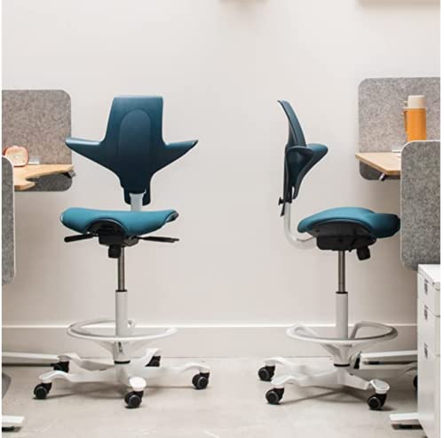 Image of HAG Capisco Puls Adjustable Standing Desk Chair - White Frame - Fathom Blue Full Cushion