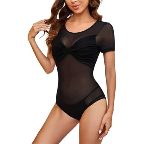 MAYFASEY Women's Black Sheer Mesh Bodysuit Cover