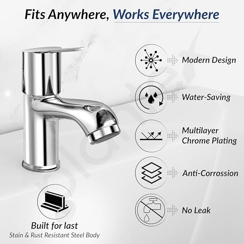 Image of Plantex Pillar Tap for Bathroom with Water Saving Aerator and Brass Spindle /Wash Basin Tap with Teflon Tape /Single Lever Water Tap - (Rio-Chrome)