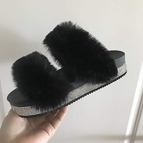 JITUUE Ladies Rhinestone Platform Furry Slippers Indoor or Outdoor Flat Slippers4