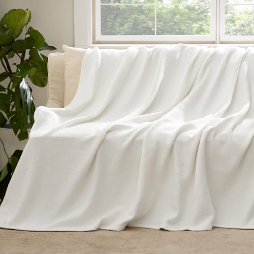 Image of Bedsure 100% Cotton Blanket, Herringbone Weave, Throw XL, White