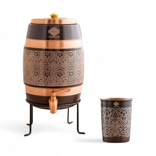 Image of Indian Art Villa Copper Water Carafes with Embossed & Black Printed Design - 5 Liter Water Carafes with Stand, Tap & Glass (275 ML), Ayurvedic Drinkware for Home, Office, Gifting & Daily Hydration