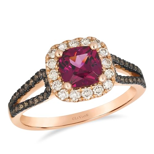 LE VIAN 2/5 Carat White and Chocolate Diamond Halo Ring for Women with 1 Carat Cushion Cut Rhodolite | 14k Rose Gold Split Shank Ring for Her (White, Brown, 0.44 cttw) Engagement Band Size 6 to 8