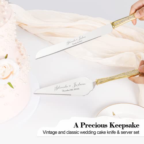 Wedding Cake Knife And Server Set, Personalized Cake Cutting Set, Engraved Elegant Cake Cutters With Sparkling Diamonds, Custom Pie Spatula And Cake Knife, Birthday Bridal Quinceañera Gift (Gold 4) #TOP1