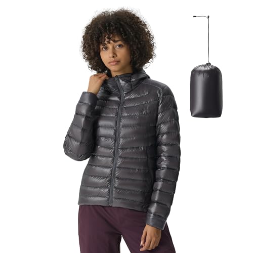Fitouch Skyline Puff Women's Packable Down Hoody Jacket, 750+ PF Lady Ultra-lightweight Puffer Base Layer, Mid-Length Soft Warmer Coat, Grey, XL