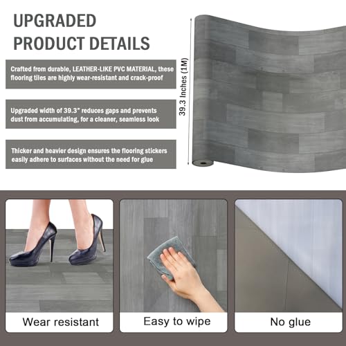 Oxdigi Vinyl Flooring Roll 32 sq.ft | 3'4"W x 9'10"L, PVC Leather-Like Linoleum Floor Covering, Waterproof Durable Heavy Vinyl, Easy to Install with Tape, Removable- No Adhesive Backing, Ash Grey