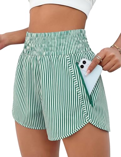BMJL Womens Athletic Shorts High Waisted Running Short Pocket 2.5 Sporty Shorts Gym Elastic Workout Shorts(L Green Striped)