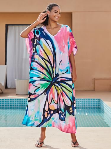 Image of KECVOT Kaftan Dresses for Women V-Neck Print Swimsuit Cover Up Plus Size Beach Caftan Lounge Dress
