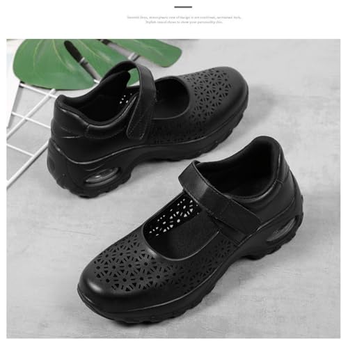 Women's Leather Hollow Platform Wedge Mary Jane Shoes Comfort Orthopedic Arch Support Stretch Air Cushion Casual Walking Shoes with Adjustable Hook Loop4