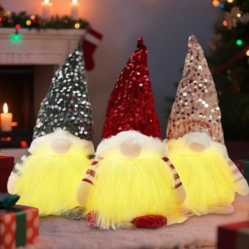 Rakuker Gnomo de Natal, 3 peças gnomos de Natal iluminados, 30 cm gnomos natalícios LED, bonecas de Natal para decoração de festas em interiores, figuras de Gnomoss para decoração de Natal