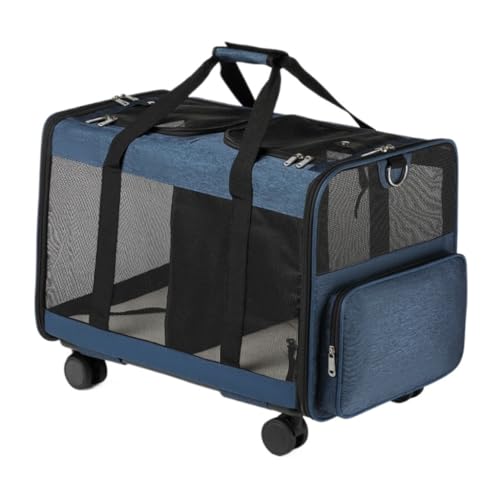 猫と犬のバッグ 多機能ペットトロリーケース、二層ペットバッグ、ポータブル猫バッグ、取り外し可能な フライトケース ペットトラベルボックス(Blue)