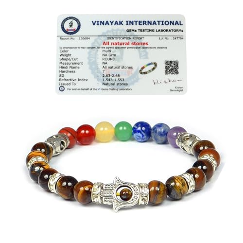 Image of Reiki Crystal Products Certified Natural Crystal Stone 7 Chakra with Hamsa 8 mm Round Beads Bracelet for Men & Women | Reiki Charged Gemstone Bracelet | Multiple Stone Variants Available