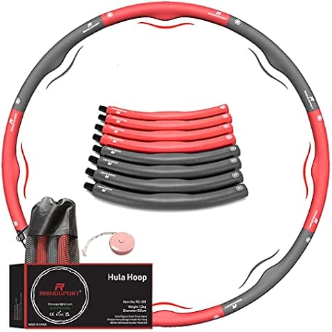 RHINOSPORT Hula hoop adult beginners 1.2 kg red weight loss children, hula hoop with tape measure massage 8 parts segments removable hula hoop for fitness / training / abdominal contours Cover
