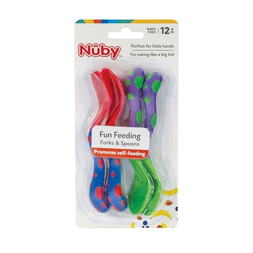 Image of Nuby Toddler Spoons and Forks Set for Self-Feeding - 4 Pack - Toddler Utensils with Easy Grip Handles for Kids - Dishwasher Safe - 12+ Months - Red /Blue & Lavender /Green