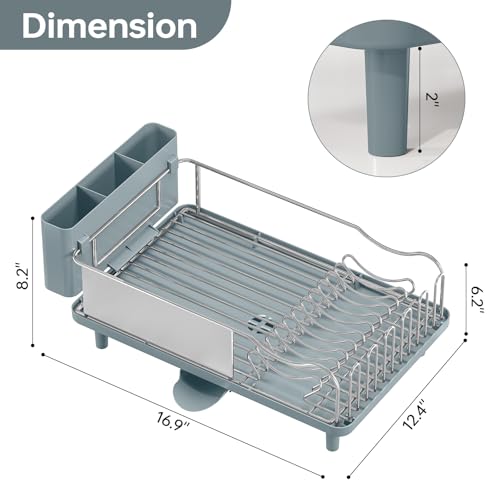 Image of Stainless Steel Dish Drying Rack - Large Capcity 304 Grade Dish Drainer for Kitchen Counter with Drain Board, Utensil Holder & Detachable Cup Shelf, Rustproof Multifunctional Organizer, Pale Blue