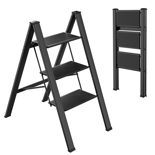 TLGREEN Alu Trittleiter 3-Stufen-Leiter Klappleiter Rostfeste rutschfeste Stehleiter Haushaltsleiter Multifunktionale Tritthocker Licht Platzsparend bis 150kg Belastbar für Küchen Haushalt Außen Büro