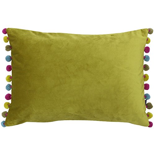Paoletti Riva Fiesta Rectangular Cojín - Bambú Verde - Multicolor Pompom Bordes - Faux Velvet - Reversible - Cierre De Cremallera - 100% Polyester - 35 X 50Cm (14' X 20' Pulgadas)