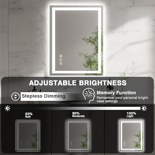 20"x28" LED Bathroom Mirrors for Wall, Front and Backlit Mirror, Anti-Fog Vanity Mirror with Lights, Stepless Dimmable Lighted Mirror, 3 Colors Smart Mirror (Horizontal/Vertical)