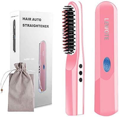 Ionic Hair&Beard Straightener Brush, LEWOTE 2 in 1 Ceramic Heated Hair Straightening[Mini Portable/USB Rechargeable/LCD Display/Adjustable Temperatures/Anti-Scald][Best Gift for Woman Man] (Pink)