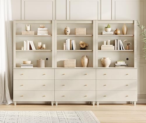Image of WAMPAT 71 inch Tall Bookcases with 9 Drawers - 3 Column, Modern Beige Wood Bookshelves with Adjustable Shelves, 3-Tier Wide Wooden Display Bookshelf for Home Office, Living Room, Bedroom