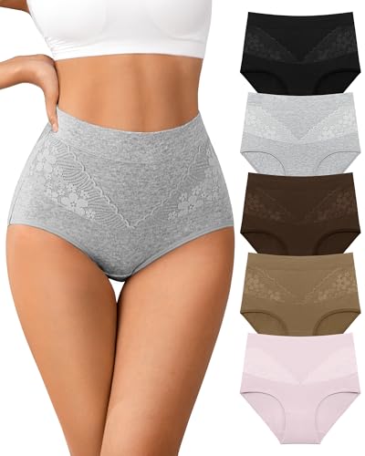 IROCUE High Waisted Underwear for Women Cotton Full Coverage Briefs Soft Strech Ladies Breathable Panties Pack L