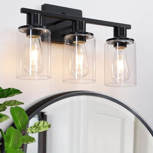 Image of Matte Black Bathroom Light Fixtures Over Mirror,3-Light Bathroom Vanity Light with Clear Glass Shade,Modern Farmhouse Wall Sconces Lighting for Mirror Kitchen Living Room Cabinet
