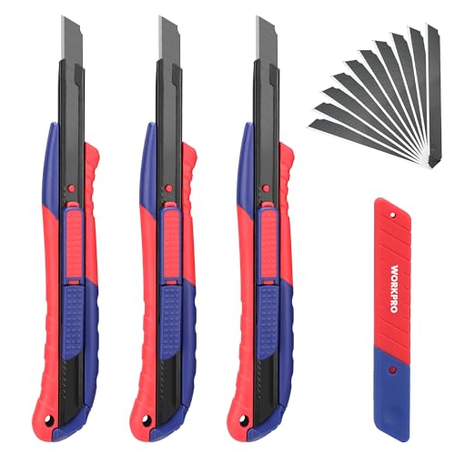 WORKPRO 2-In-1 Safety Utility Knife Retractable Snap-off blade, Metal Box Cutter Set, Razor Knife Exacto Craft Knives, with 10 Extra 9mm Blades, Pack of 3