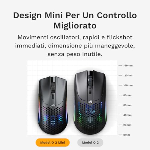 Model O 2 Mini Wireless Gaming Mouse - superlegg. 57 g, 210 h batteria, dual wireless 2,4 GHz, Bluetooth 5.2, sensore ottico 26.000, 80M di clic, 6 tasti programmabili, sparatutto - Nero - Mouse gaming - Immagine 3