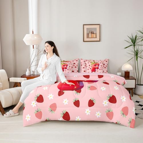 Image of Feelyou Girls Pink Red Strawberry Comforter Set with Sheets 7 Piece Twin Size Initial Letter F Bedding Set for Kids Boys Girls Princess Strawberry Bed in a Bag Room Decor Soft Lightweight Microfiber