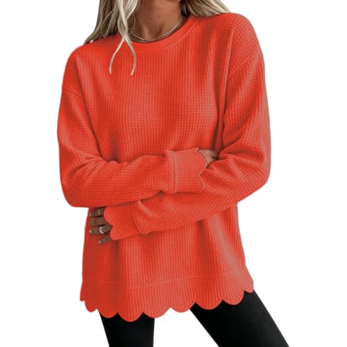 Womens Waffle Knit Top Long Sleeve Crewneck Fall Scalloped Sweatshirt 2026 - image 1