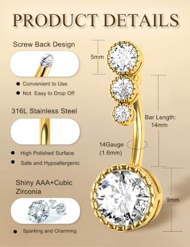 Image of FIASASO 9 Pcs Belly Button Ring - Surgical Stainless Steel CZ Belly Rings Clicker Belly Piercings for Women Navel Piercing Jewelry Pack