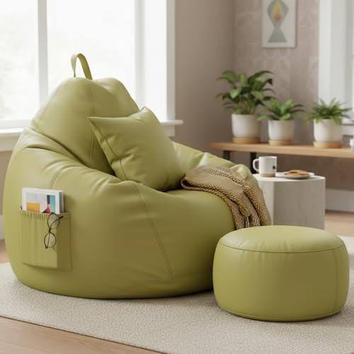 Image of KAM'S LIEU 5XL Bean Bag Combo with Footrest & Cushion | Filled with High Density EPS Beans | Comfortable Sofa for Living Room & Bedroom | 6 Months Warranty, Color- (Olive Green, 5XL, Classic)