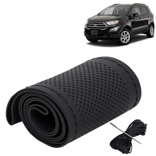 Image of KINGSWAY PU Leatherite Car Steering Cover Sewable Compatible with Ford Ecosport (Year 2017-2021), Black Color with Black Thread, Pack of 1 with Sewing Needle and Thread