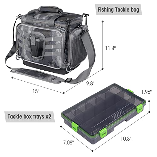 VISMIX Fishing Tackle Bag- Fishing Bag Large Water-Resistant Fishing Storage Bag with 2pcs 3600 Tackle Tray Boxes and Rod Holder - Thumbnail 6