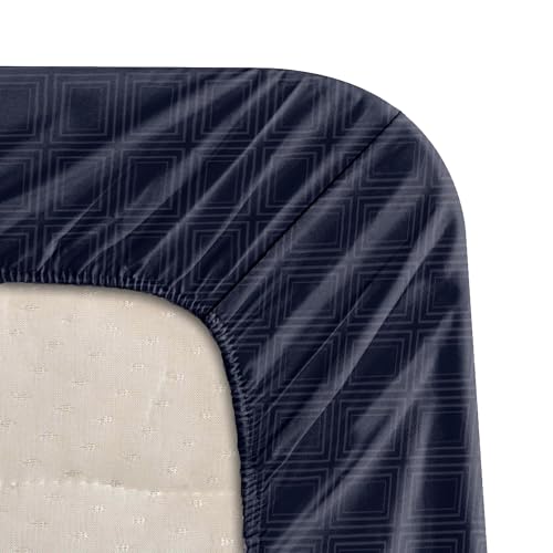 Image of BLISSHOME SoftTouch 150TC Cotton King Size Fitted Bedsheet with 2 Pillow Covers, Silky Smooth Bedding Set, Breathable, Easy Maintain, Geometric Pattern - Blue (183cm x 198cm + 25cm Drop)