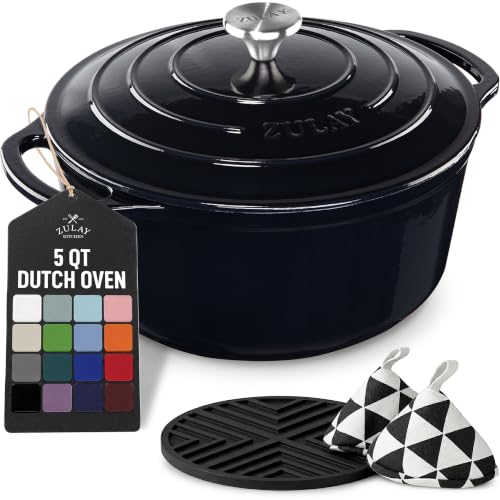 Zulay Kitchen 5 Quart Enameled Cast Iron Dutch Oven Pot with Lid – Premium Durability & Oven Safe up to 500°F – Heavy Duty Cookware Perfect for Bread Baking, Stews, Braising & Roasting – Black