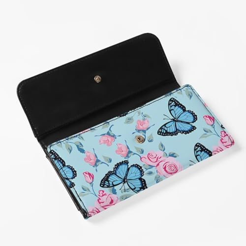 Image of AFPANQZ Wallet for Women Credit Card Holder with Coin Purse and Zipper Wallet, Blue Butterfly Rose Women's Clutch Organizer with Christmas Lights Snowman Crutch