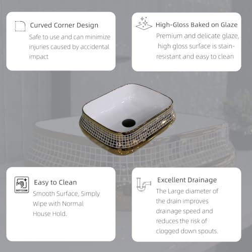 Image of BASSINO 18x14x5 Inches Ceramic Counter Top Wash Basin /1 Year Warranty /White & Rose Gold Basin for Bathroom /Rectangular Shape Tabletop Washbasin for Restaurant /Dining Hall /Living Room /Home(Glossy)