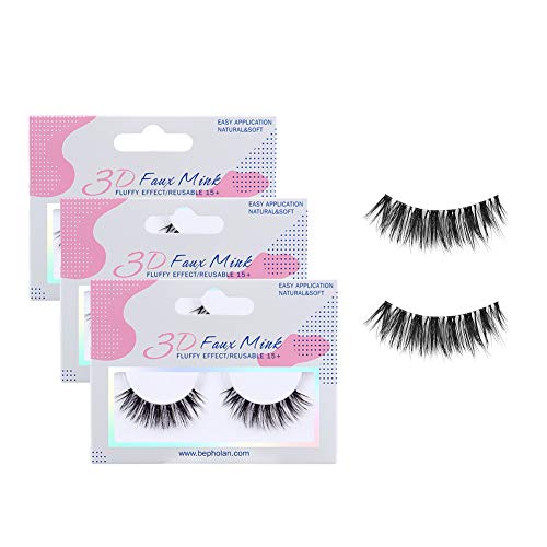 BEPHOLAN 3 Pairs False Eyelashes Synthetic Fiber Material| 3D Faux Mink Lashes| Round Look|Soft &Natural| Reusable| 100% Handmade & Cruelty-Free| XMZ188