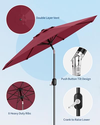 9FT Outdoor Patio Umbrella, Table Market Umbrella With Push Button Tilt and Crank, 8 Sturdy Ribs UV Protection Waterproof for Garden, Deck, Backyard, Pool (Dark Red)