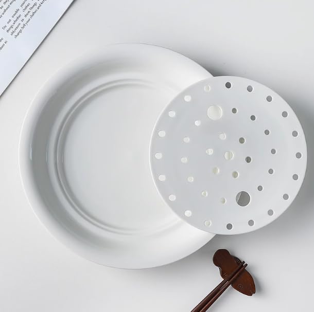 Kamelar. Lava 10-inch white ceramic dumpling plate, double-layer perforated plate, Chinese dumplings, can be used to hold dumplings, dry ice, fruits, and sashimi.