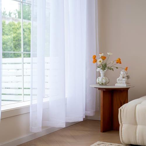 Image of MYSTIC-HOME Sheer Curtains White 84 Inches Long, Window Treatments Rod Pocket Drapes for Living Room, Bedroom, Semi Crinkle Voile Extra Wide Curtains for Yard, Villa, Parlor, 108 inchx 84 inch,2 Pcs