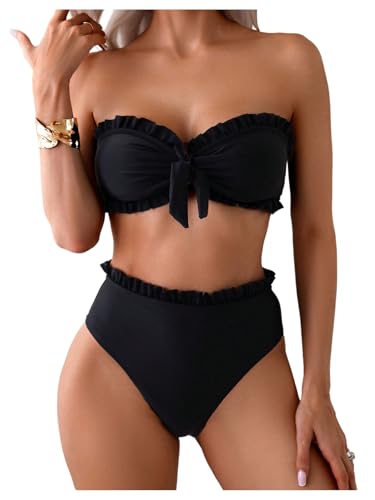 SOLY HUX Women's Bandeau Bikini Set Tie Knot Front Frill Strapless High Waisted Bathing Suit Two Piece Swimsuit
